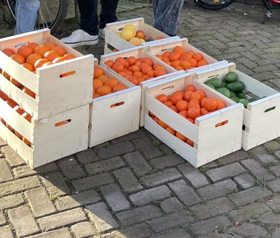 Wooden crates of fruit on the street in Amsterdam